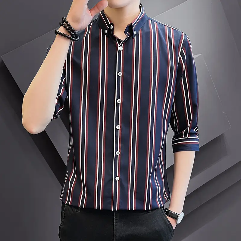 Men Striped Short Sleeve Shirt Black Red Crop Coat