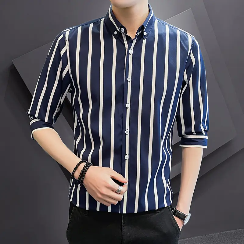 Men Striped Short Sleeve Shirt Black Red Crop Coat