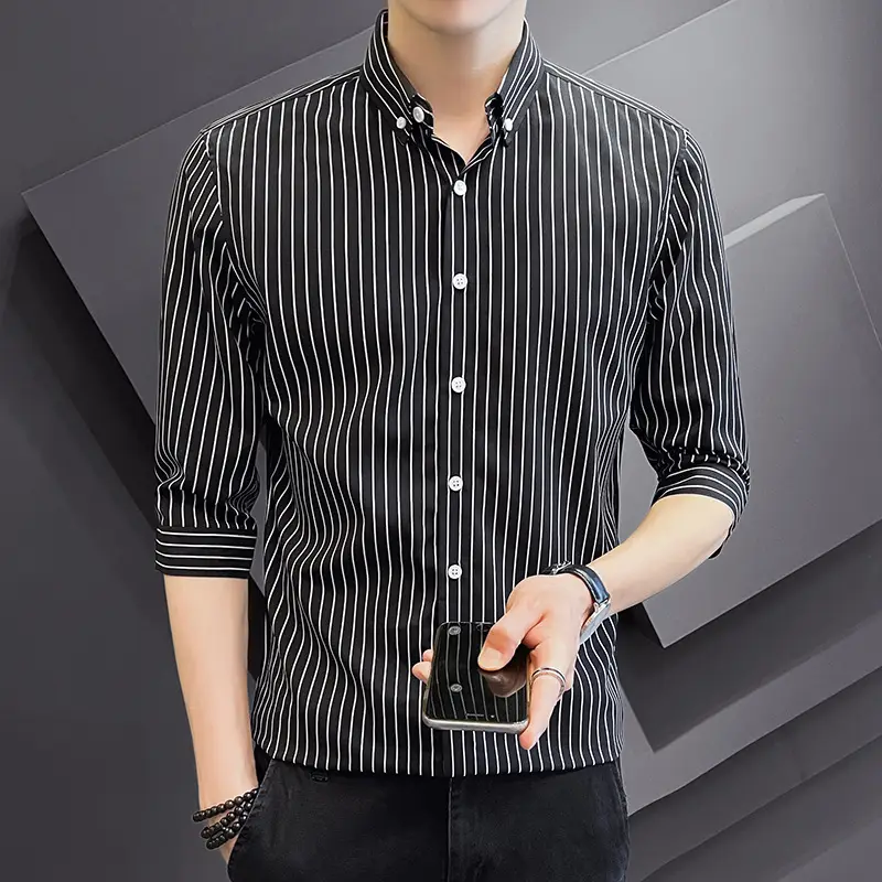 Men Striped Short Sleeve Shirt Black Red Crop Coat