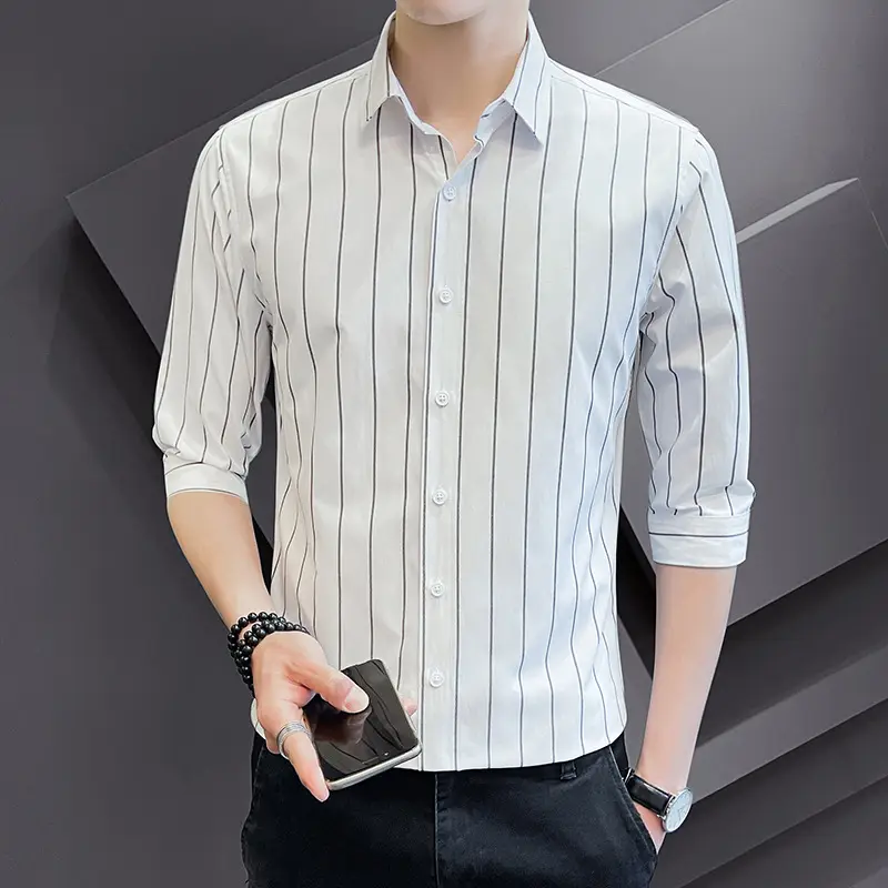 Men Striped Short Sleeve Shirt Black Red Crop Coat