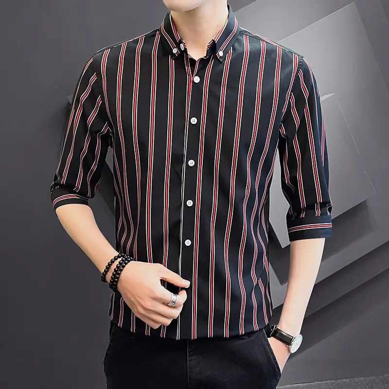 Men Striped Short Sleeve Shirt Black Red Crop Coat