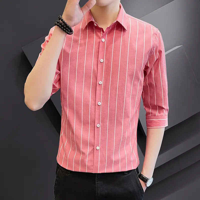 Men Striped Short Sleeve Shirt Black Red Crop Coat