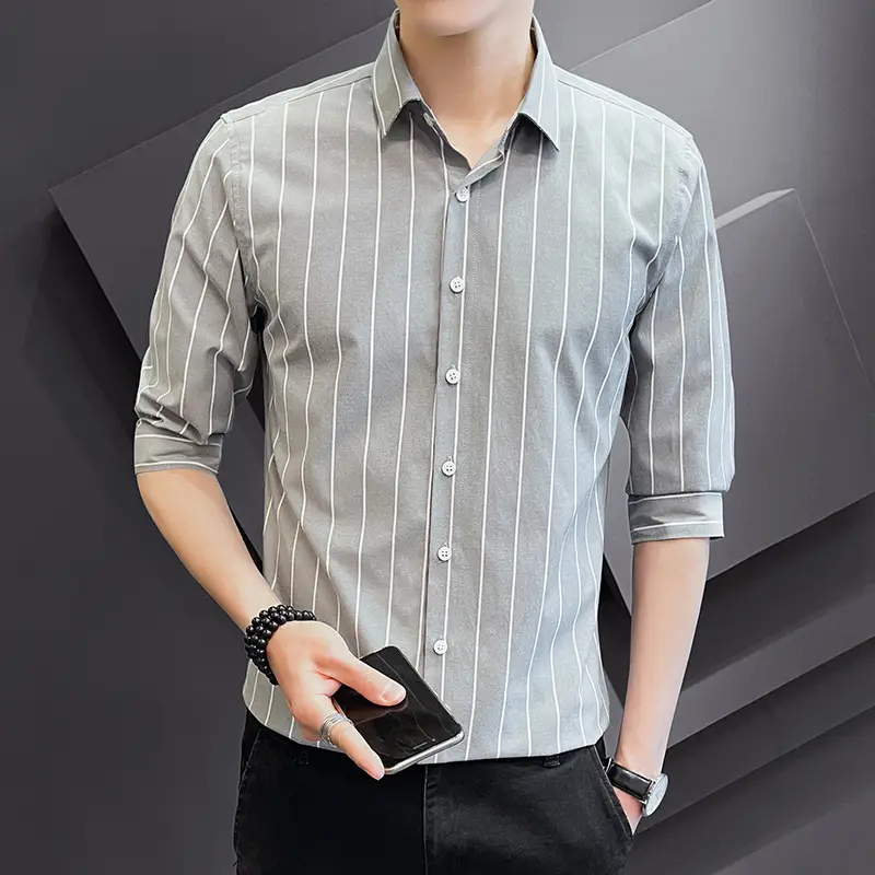 Men Striped Short Sleeve Shirt Black Red Crop Coat
