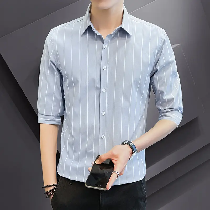 Men Striped Short Sleeve Shirt Black Red Crop Coat