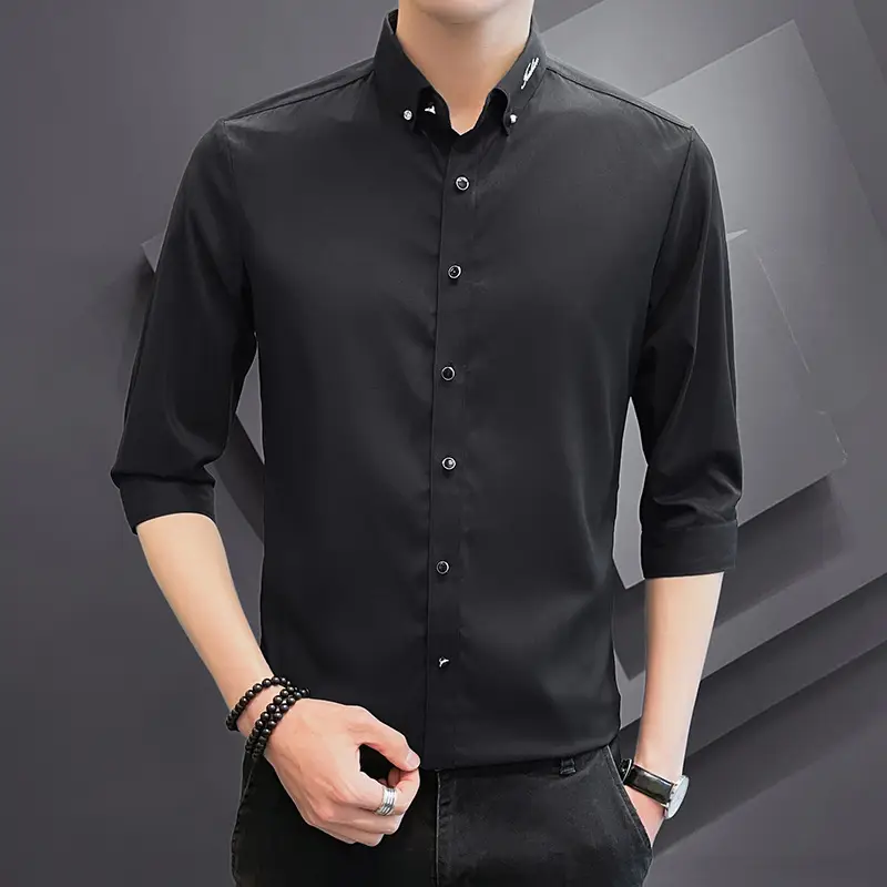 Men Striped Short Sleeve Shirt Black Red Crop Coat