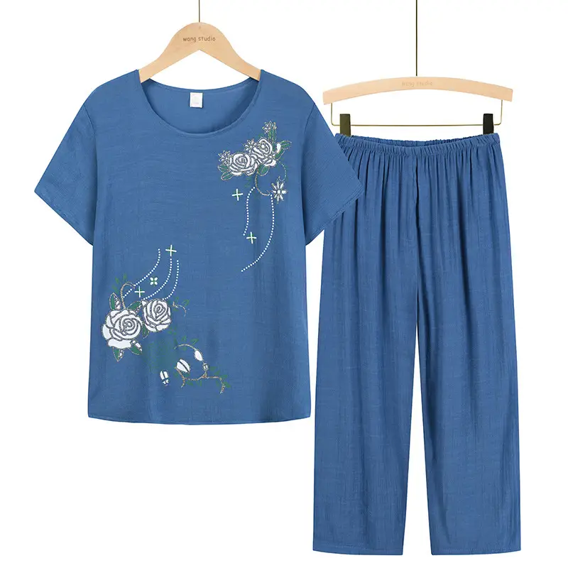 Middle-aged Women Floral T-Shirt & Pants Set Navy Blue - Image 7