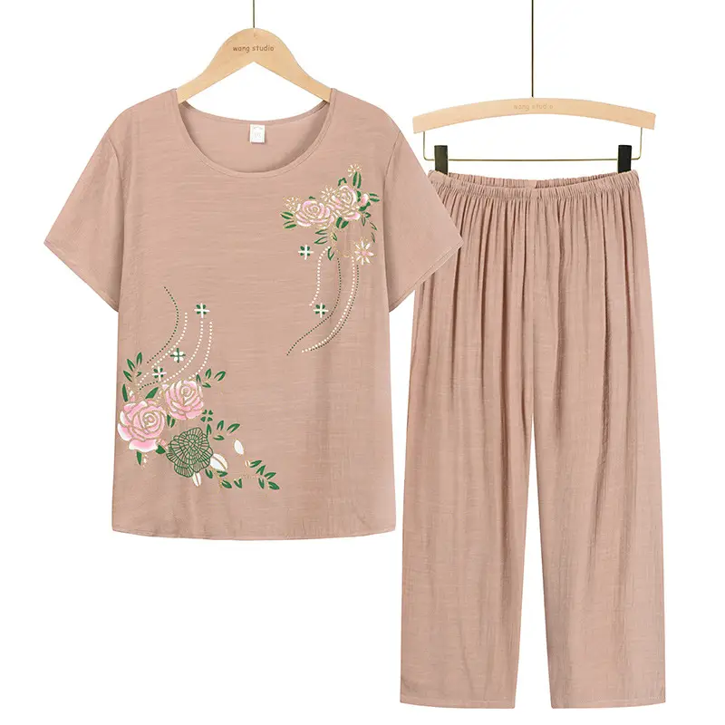 Middle-aged Women Floral T-Shirt & Pants Set Navy Blue - Image 3