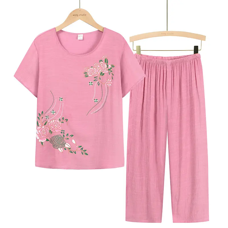 Middle-aged Women Floral T-Shirt & Pants Set Navy Blue - Image 5