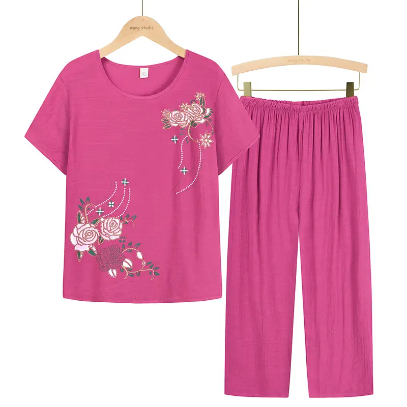 Middle-aged Women Floral T-Shirt & Pants Set Navy Blue - Image 4