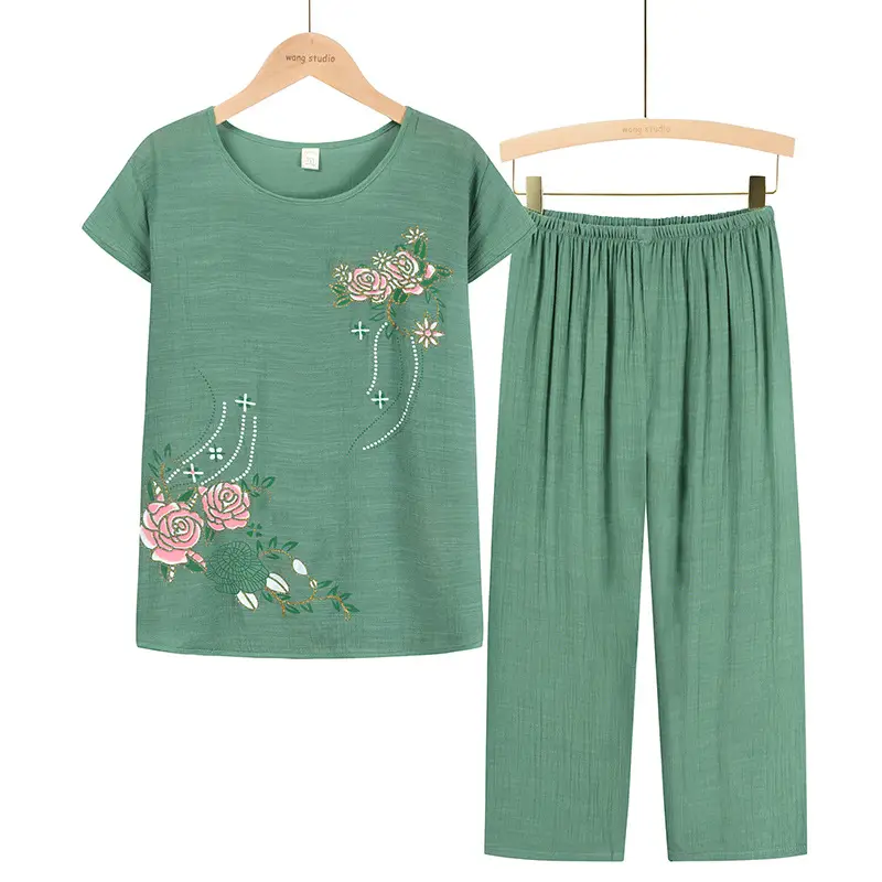 Middle-aged Women Floral T-Shirt & Pants Set Navy Blue - Image 2