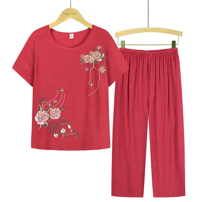 Middle-aged Women Floral T-Shirt & Pants Set Navy Blue - Image 8