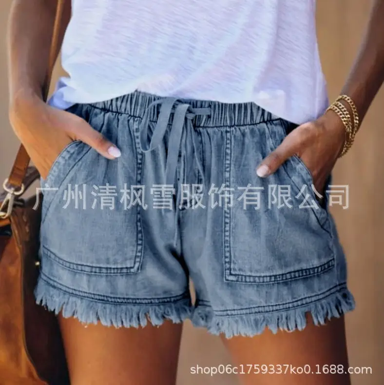 Women Denim Shorts High Waist Elastic Waist Lazy Style