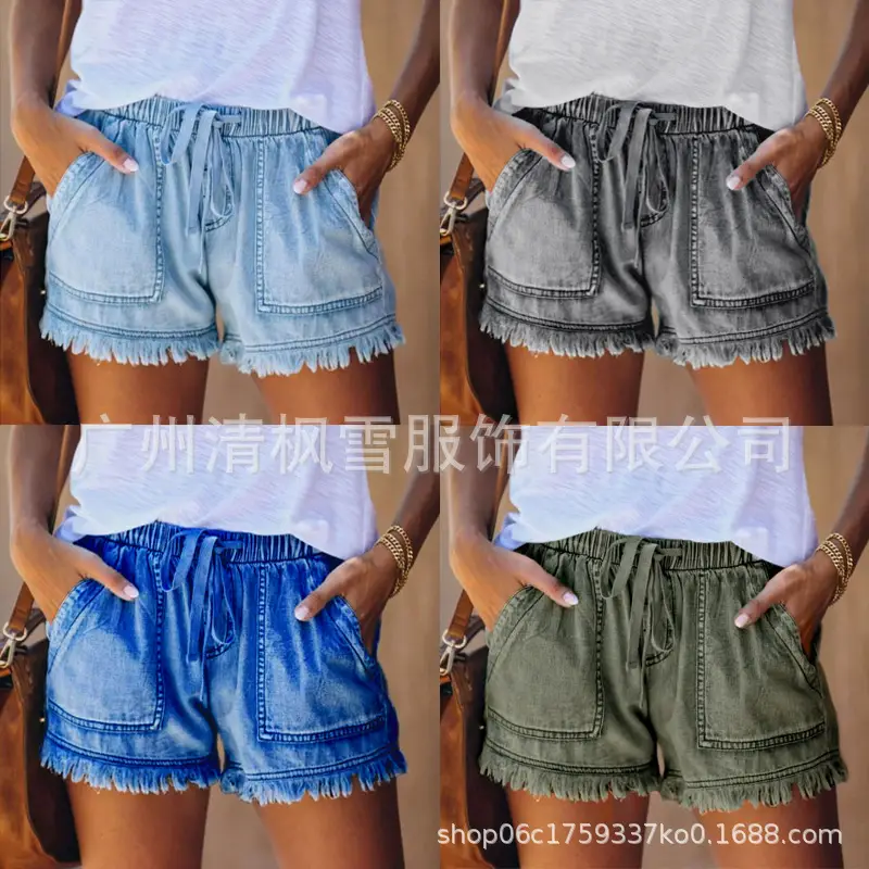 Women Denim Shorts High Waist Elastic Waist Lazy Style — feature 3