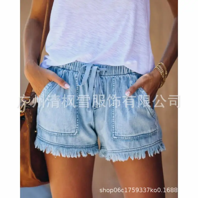 Women Denim Shorts High Waist Elastic Waist Lazy Style — feature 4