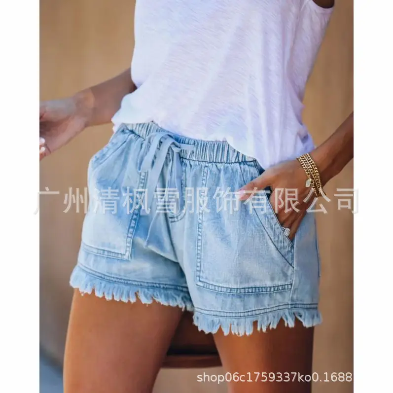 Women Denim Shorts High Waist Elastic Waist Lazy Style — feature 5