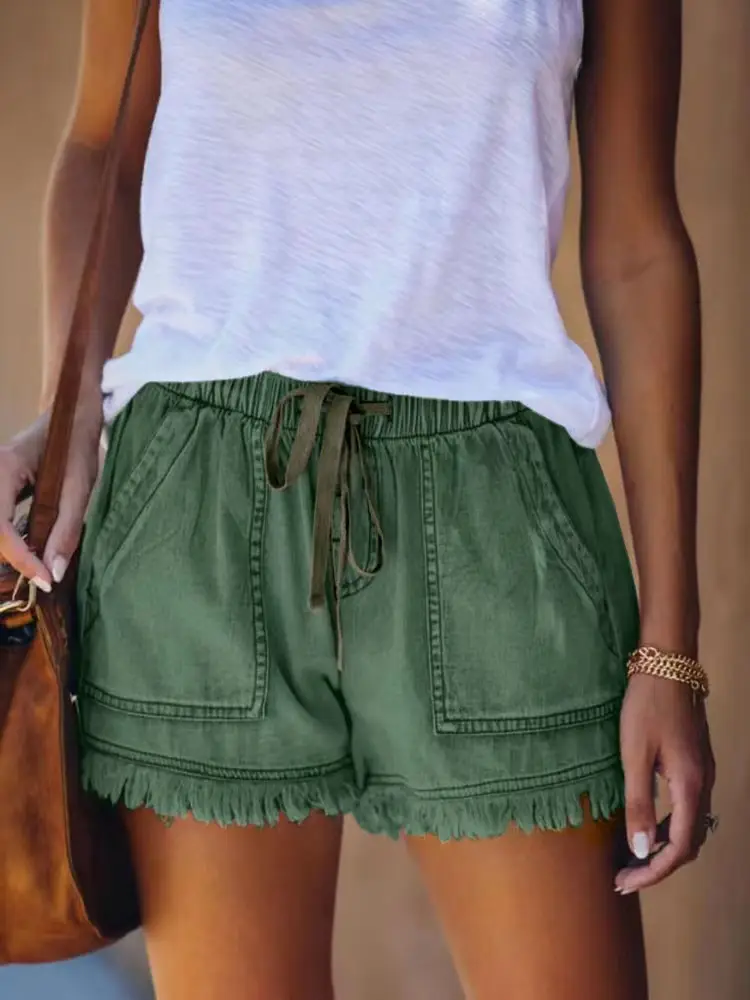 Women Denim Shorts High Waist Elastic Waist Lazy Style — feature 7