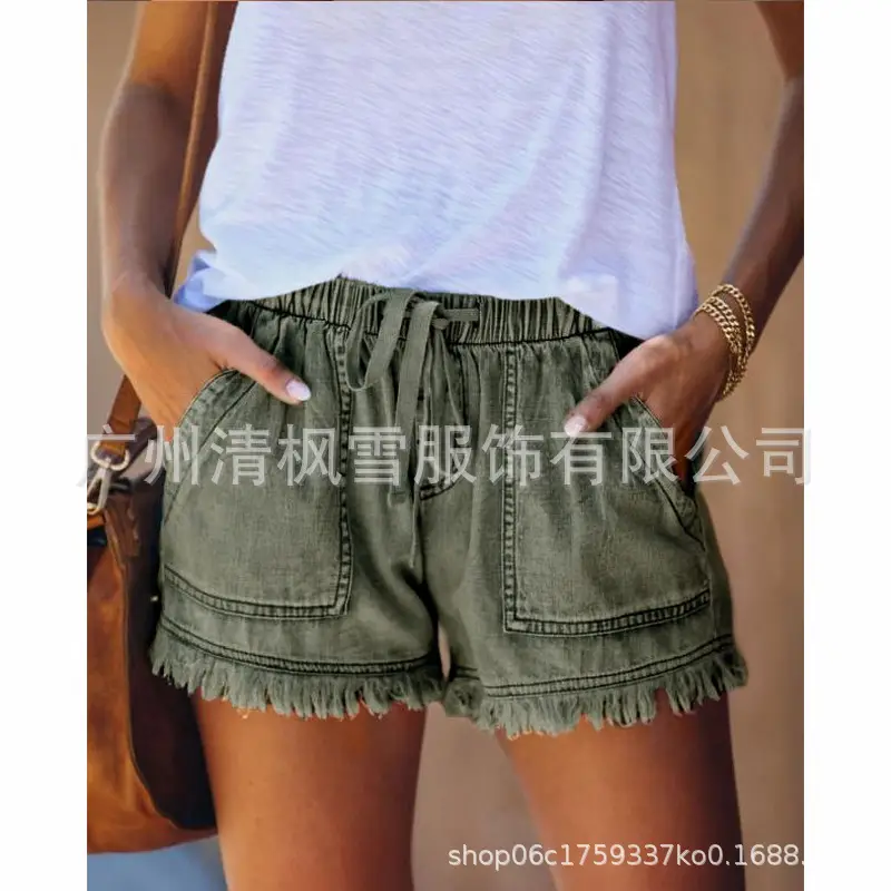 Women Denim Shorts High Waist Elastic Waist Lazy Style