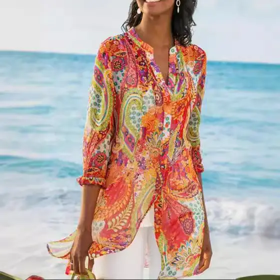 Women's 2020 Summer Blue Lace Long Shirt Bohemian Style - Image 4