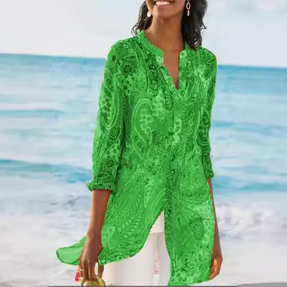 Women's 2020 Summer Blue Lace Long Shirt Bohemian Style - Image 5