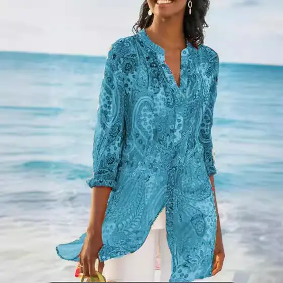 Women's 2020 Summer Blue Lace Long Shirt Bohemian Style - Image 7
