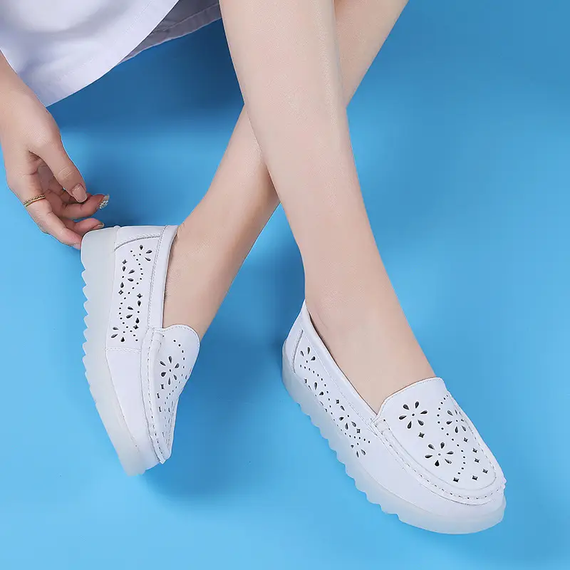 in stock nurse shoes women's soft bottom hollow breathable white non-slip spring and summer new flat bottom hospital work shoes cross-border - Image 4