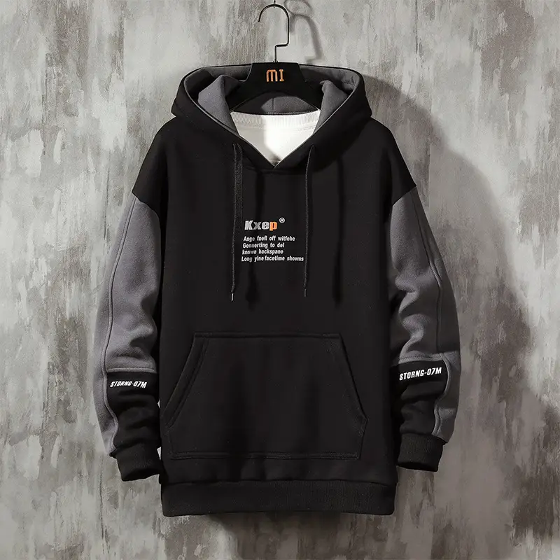 Men Printed Hooded Sweatshirt Black Grey Loose Fit 2021