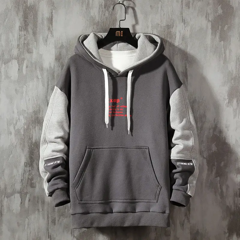 Men Printed Hooded Sweatshirt Black Grey Loose Fit 2021 - Image 4