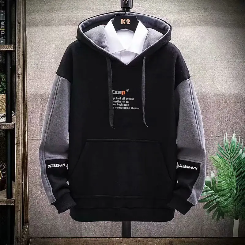 Men Printed Hooded Sweatshirt Black Grey Loose Fit 2021 - Image 2