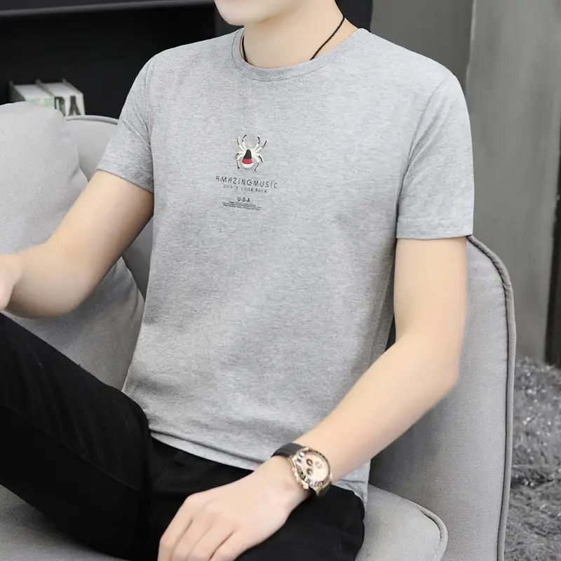 2025 Men Grey Printed T-Shirt Korean Style - Image 3