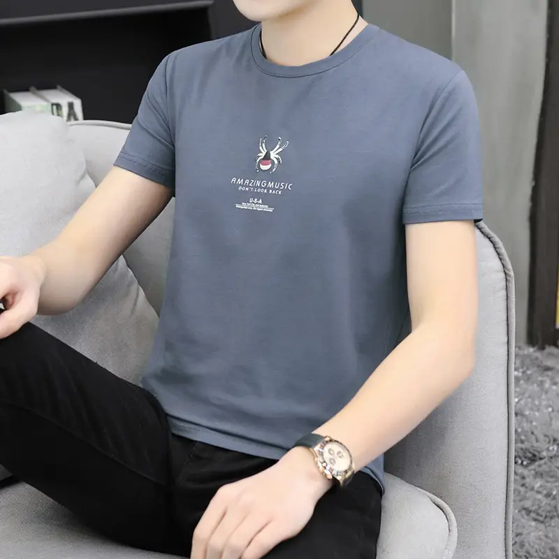 2025 Men Grey Printed T-Shirt Korean Style - Image 4
