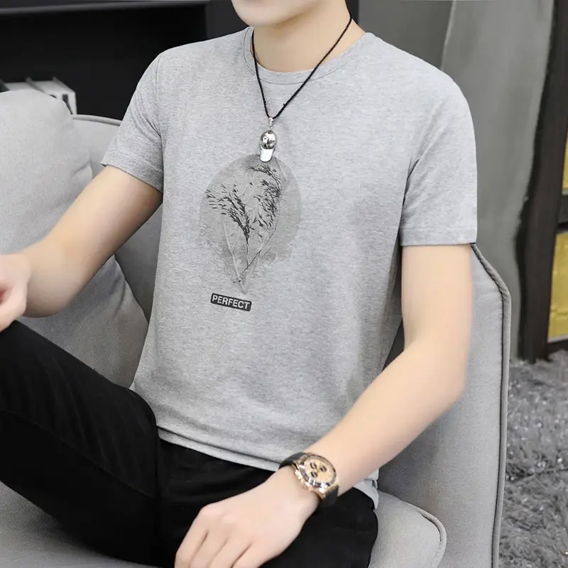 2025 Men Grey Printed T-Shirt Korean Style - Image 8