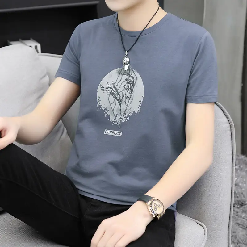2025 Men Grey Printed T-Shirt Korean Style - Image 9