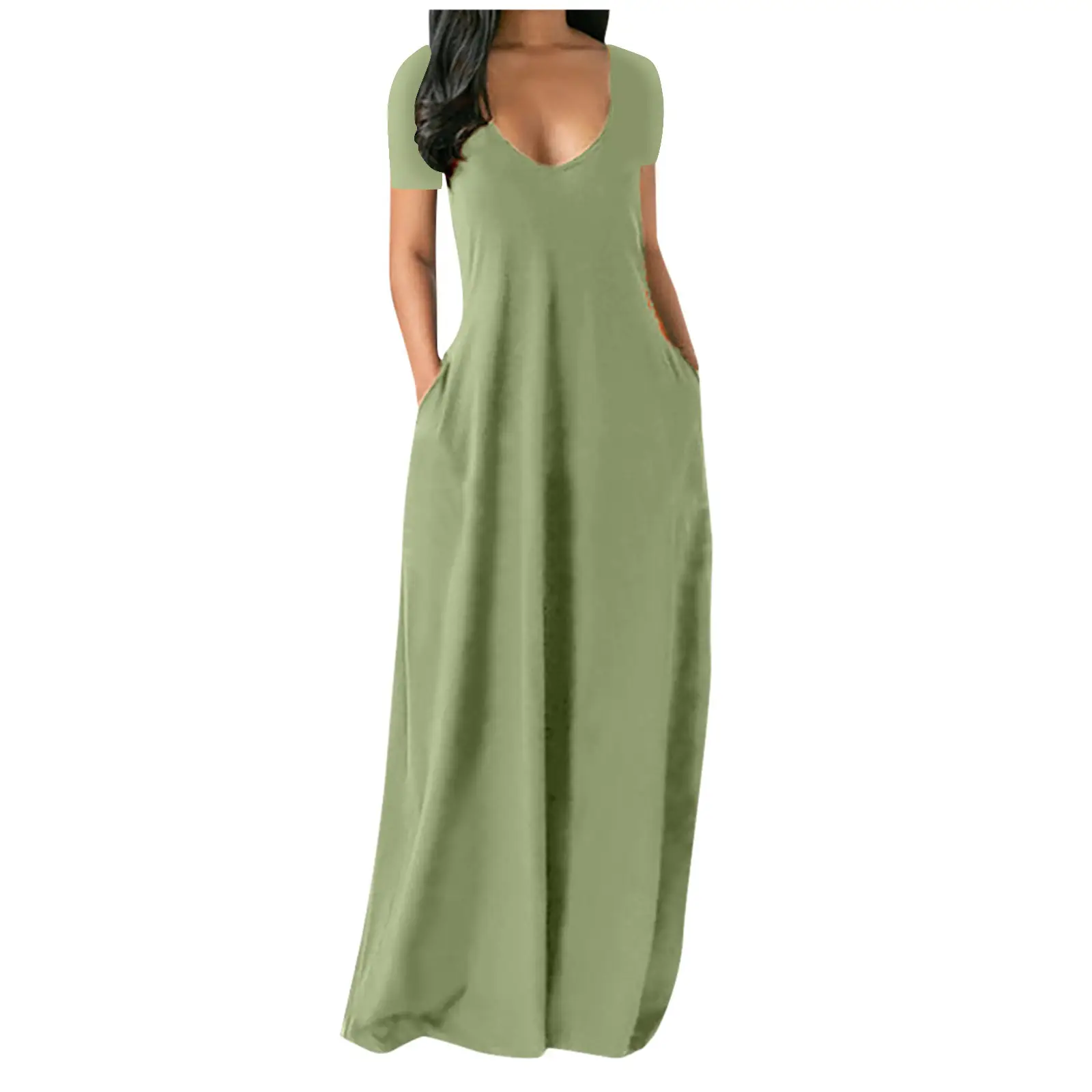2021 Hot Plus Size Women's White Long Dress with Deep V Neck and Pocket - Image 20