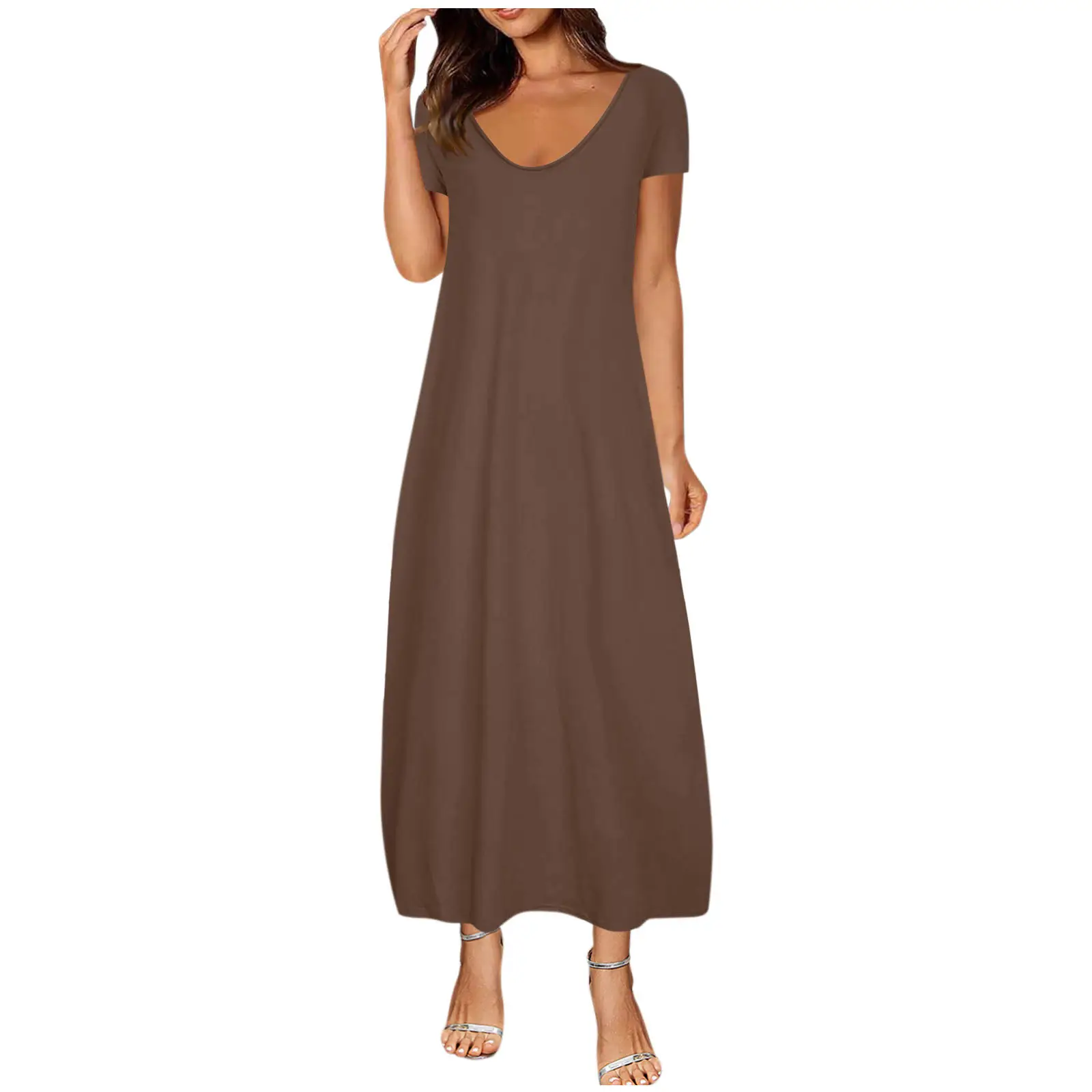 2021 Hot Plus Size Women's White Long Dress with Deep V Neck and Pocket - Image 11