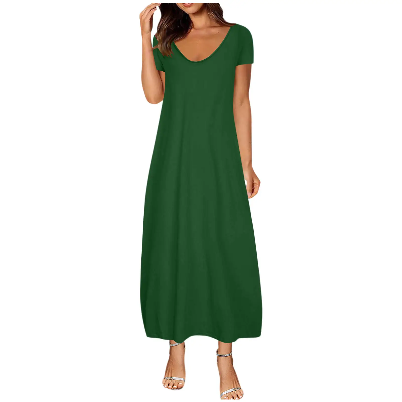 2021 Hot Plus Size Women's White Long Dress with Deep V Neck and Pocket - Image 12