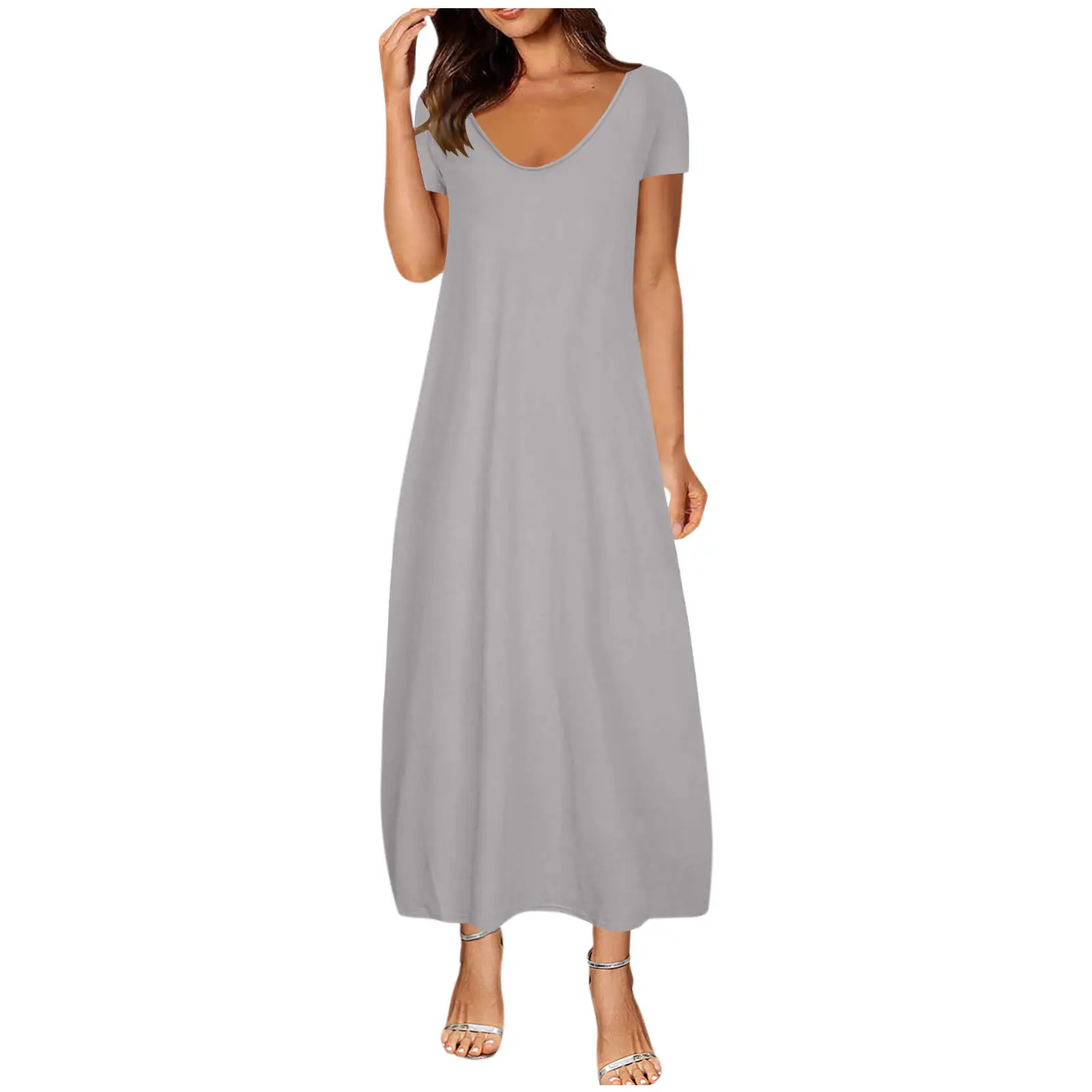 2021 Hot Plus Size Women's White Long Dress with Deep V Neck and Pocket - Image 14