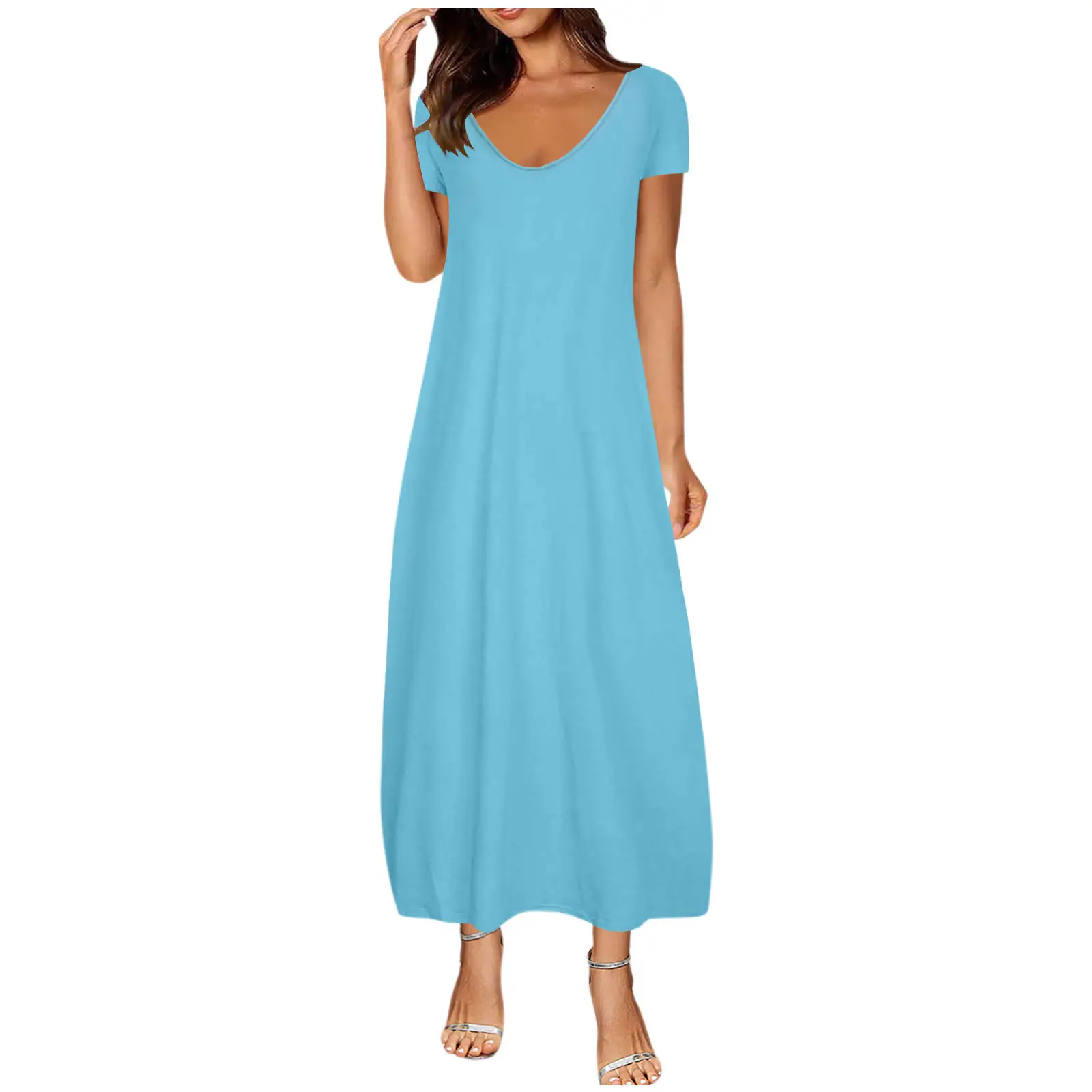 2021 Hot Plus Size Women's White Long Dress with Deep V Neck and Pocket - Image 16
