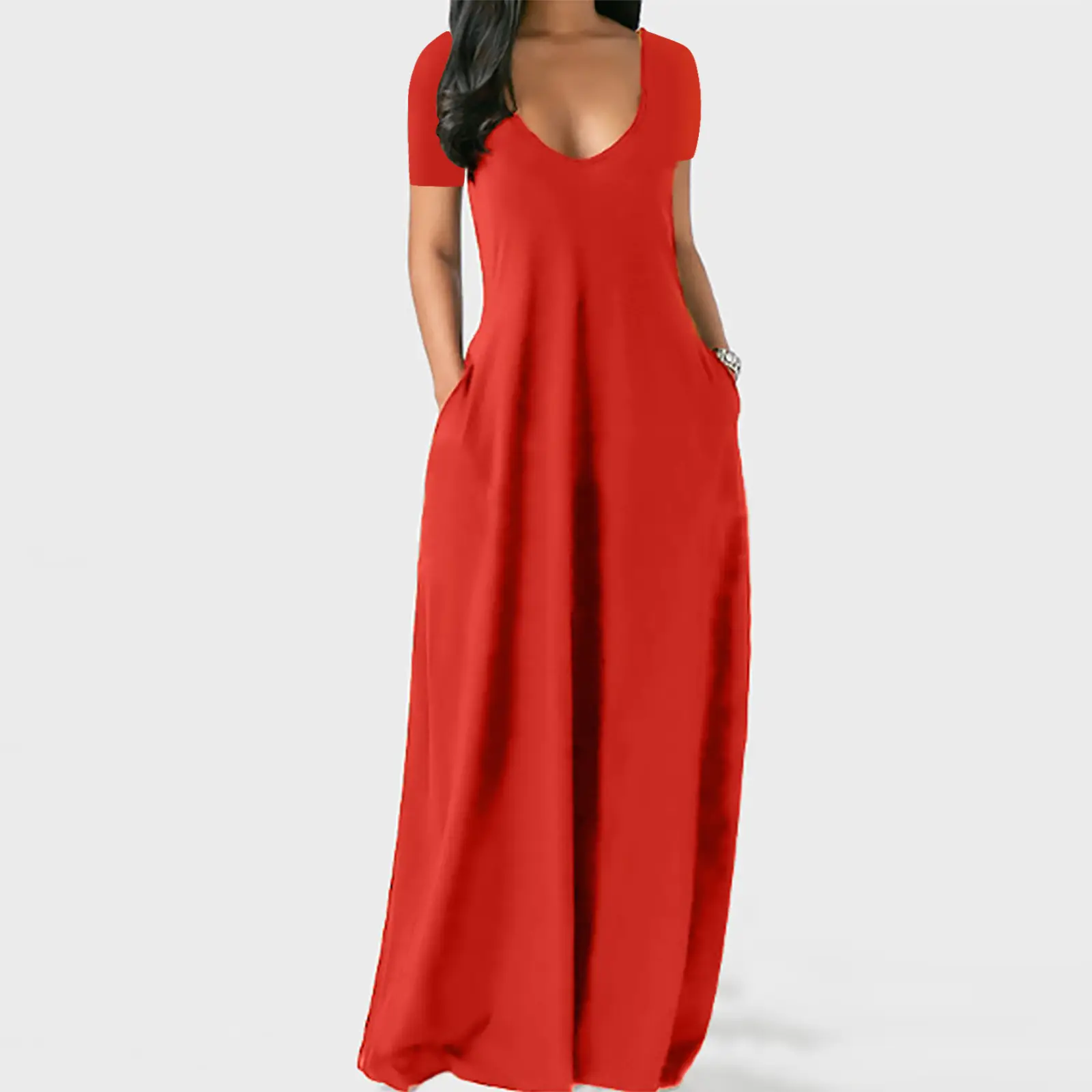 2021 Hot Plus Size Women's White Long Dress with Deep V Neck and Pocket - Image 3
