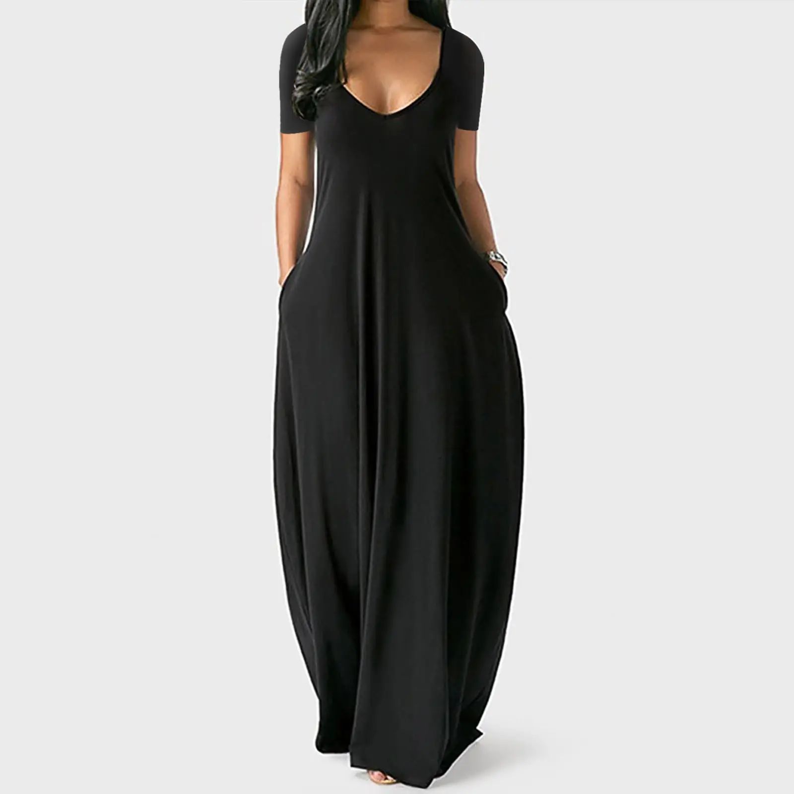 2021 Hot Plus Size Women's White Long Dress with Deep V Neck and Pocket - Image 6