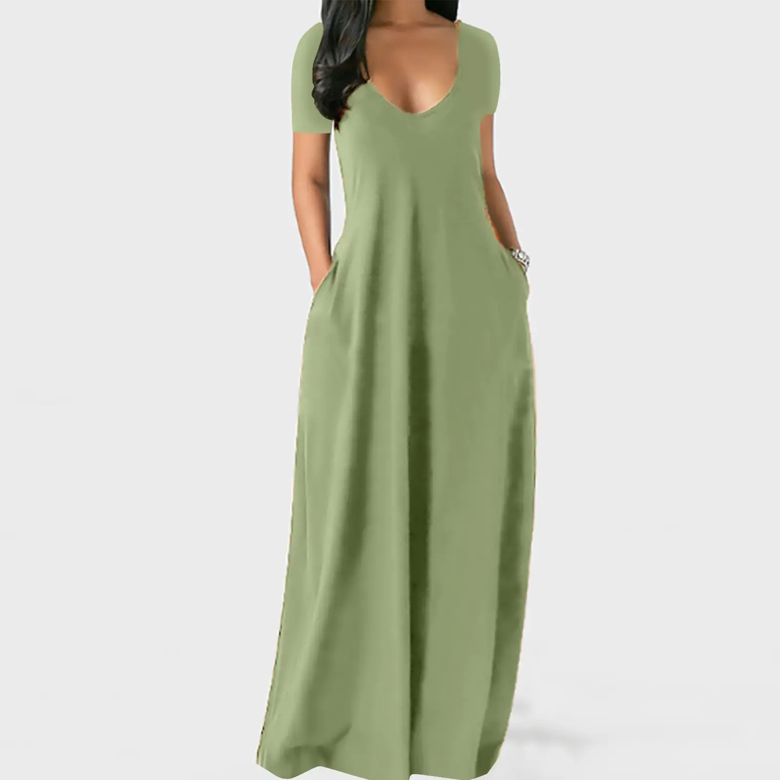 2021 Hot Plus Size Women's White Long Dress with Deep V Neck and Pocket - Image 8