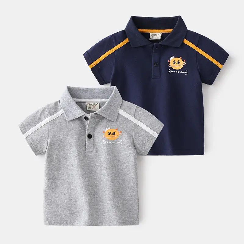 Summer Boys Navy Polo Shirt with Cartoon Embroidery - Image 3