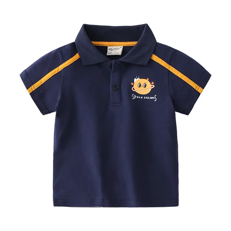Summer Boys Navy Polo Shirt with Cartoon Embroidery - Image 5