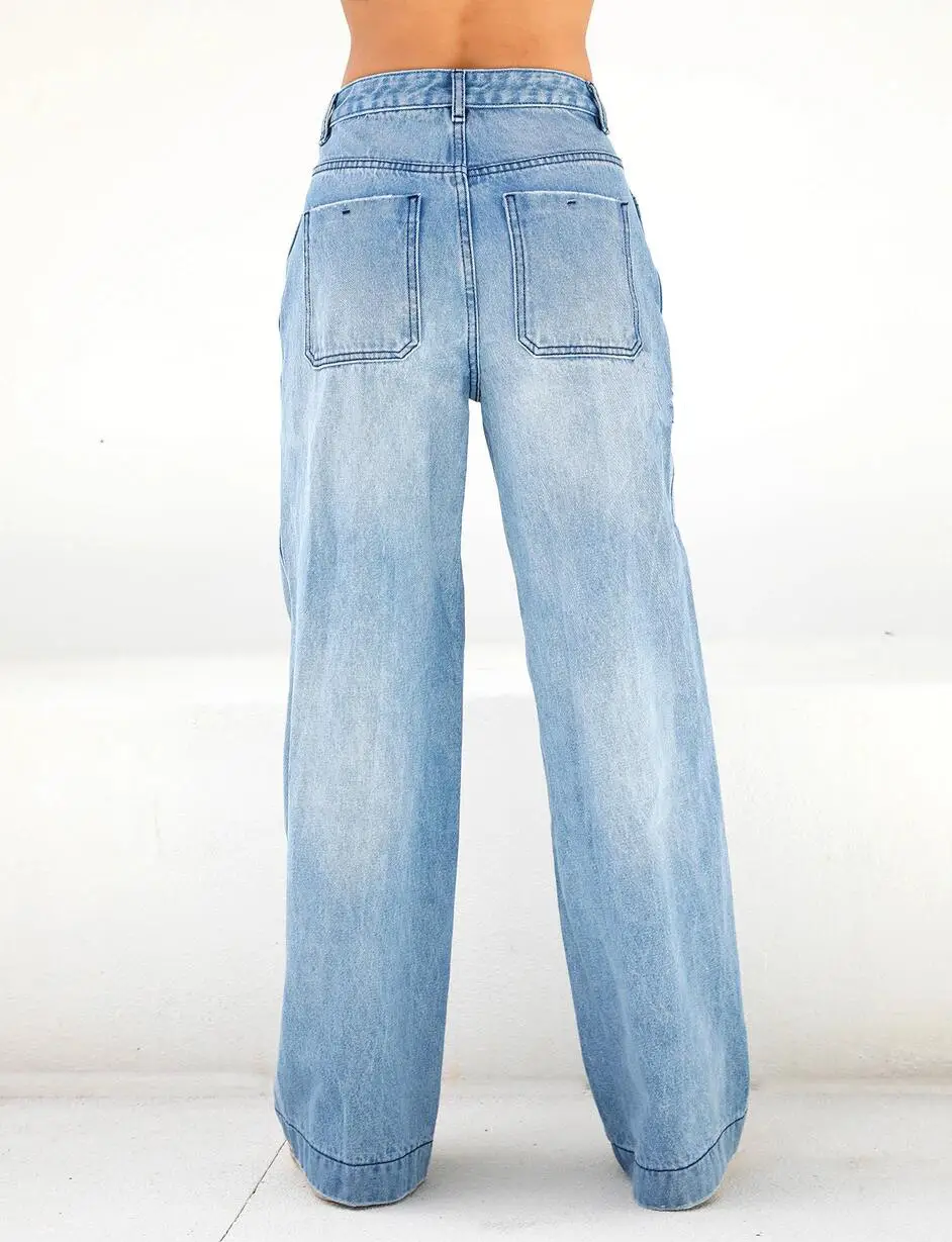 Women High Waist Loose Leg Jeans Light Blue 2021