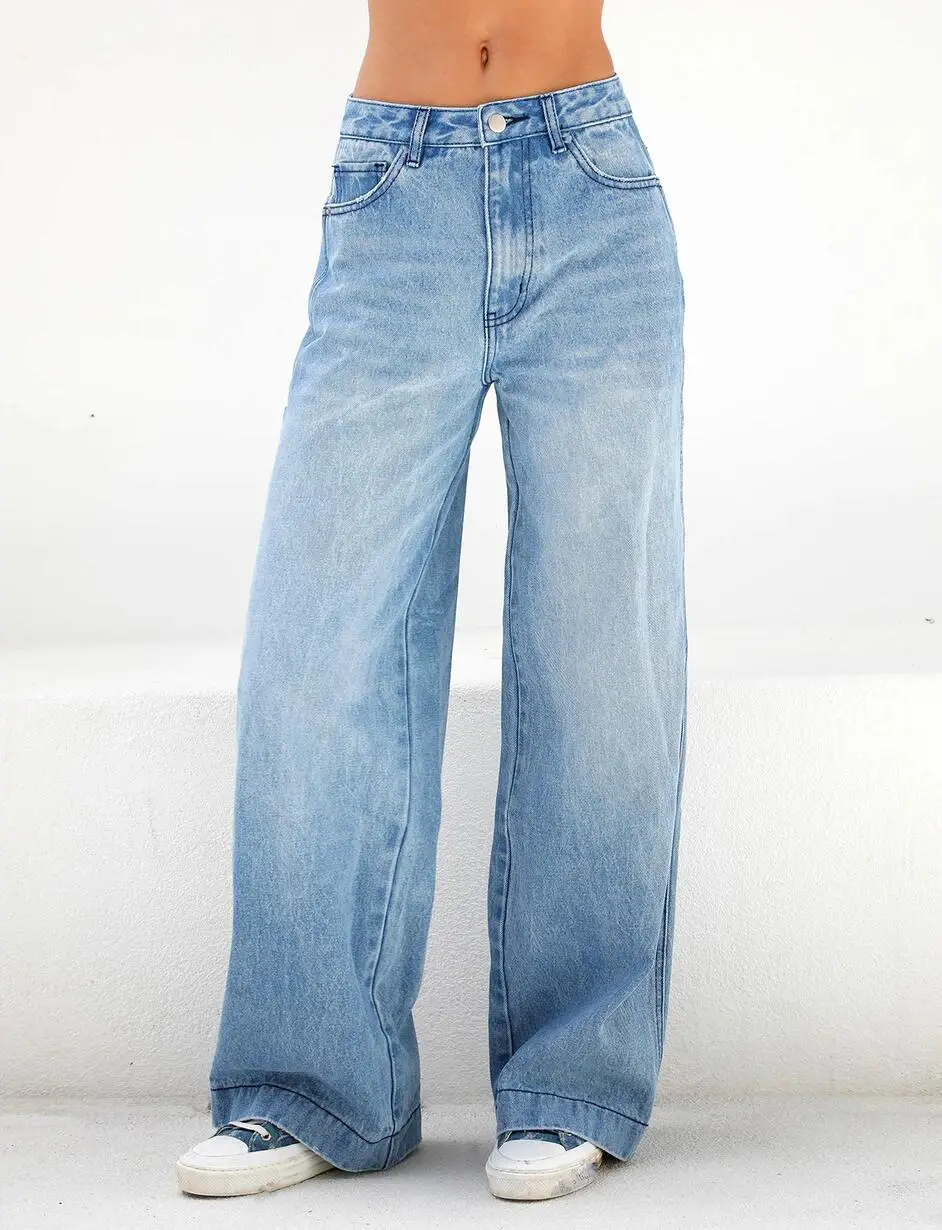 Women High Waist Loose Leg Jeans Light Blue 2021