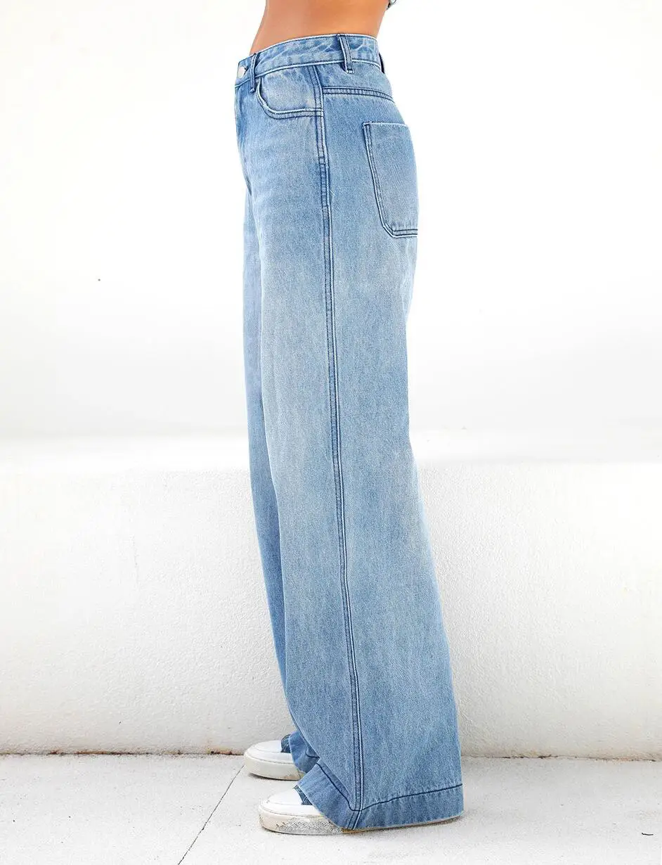 Women High Waist Loose Leg Jeans Light Blue 2021
