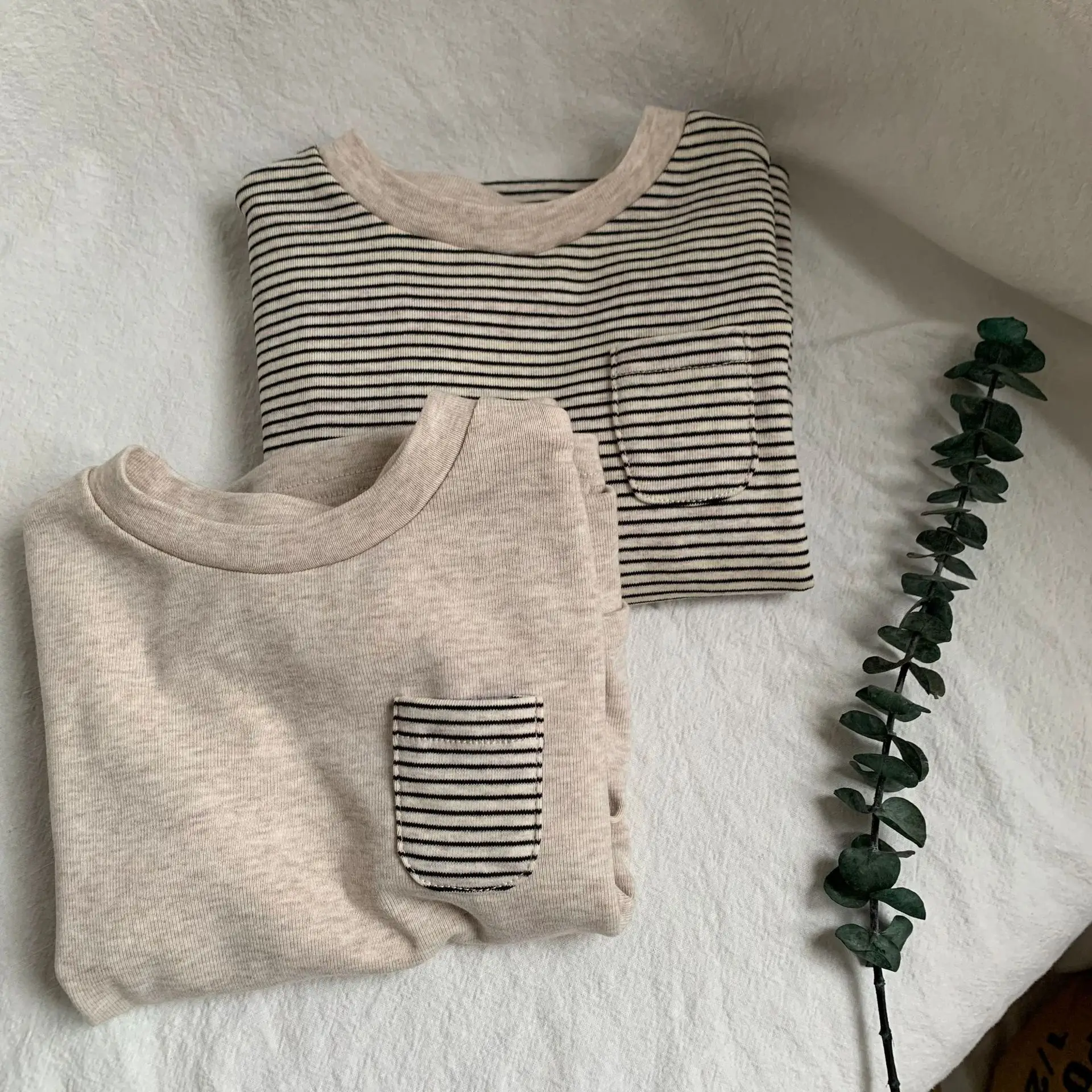 Kids Striped T-Shirt with Flap Pocket, Grey, Long Sleeve