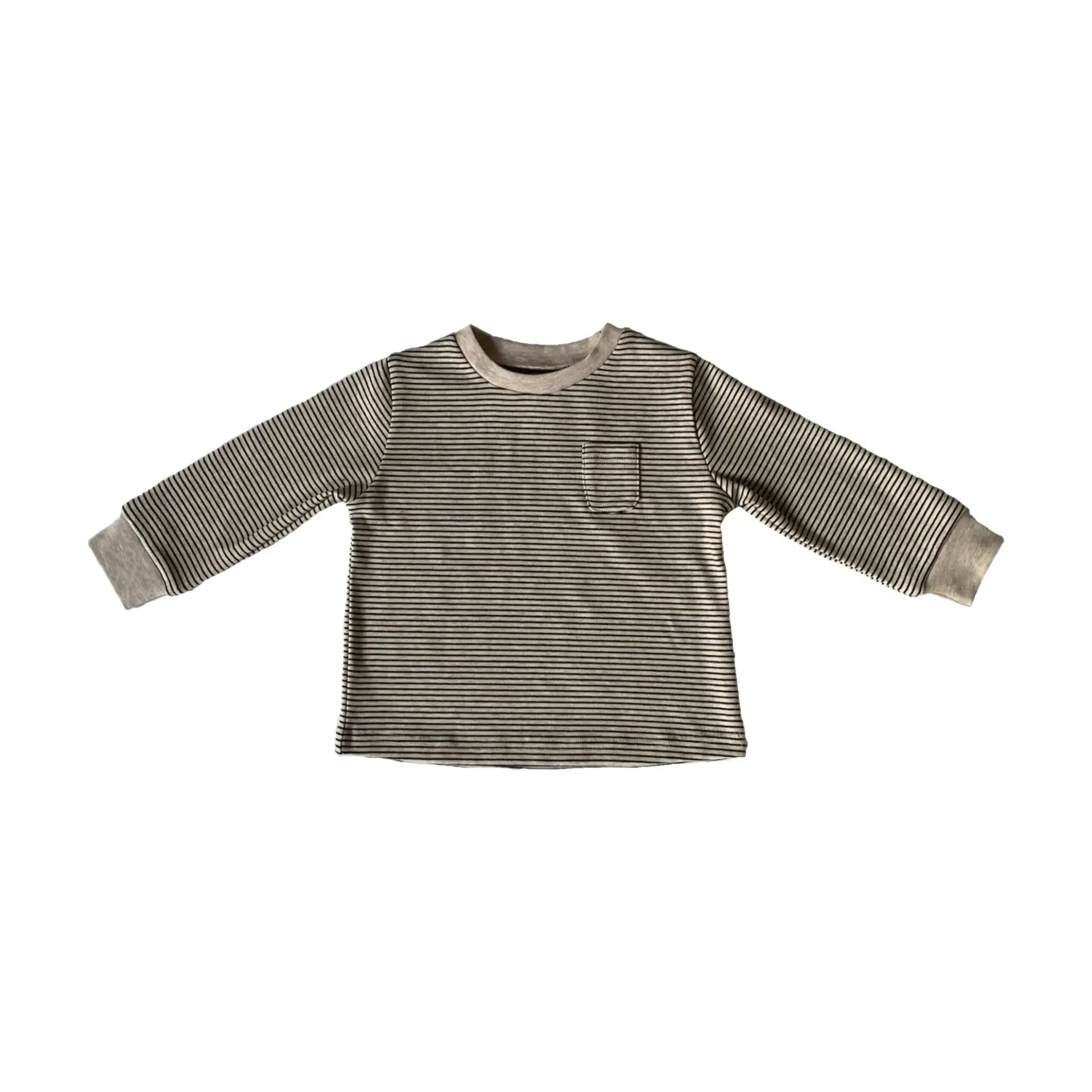 Kids Striped T-Shirt with Flap Pocket, Grey, Long Sleeve