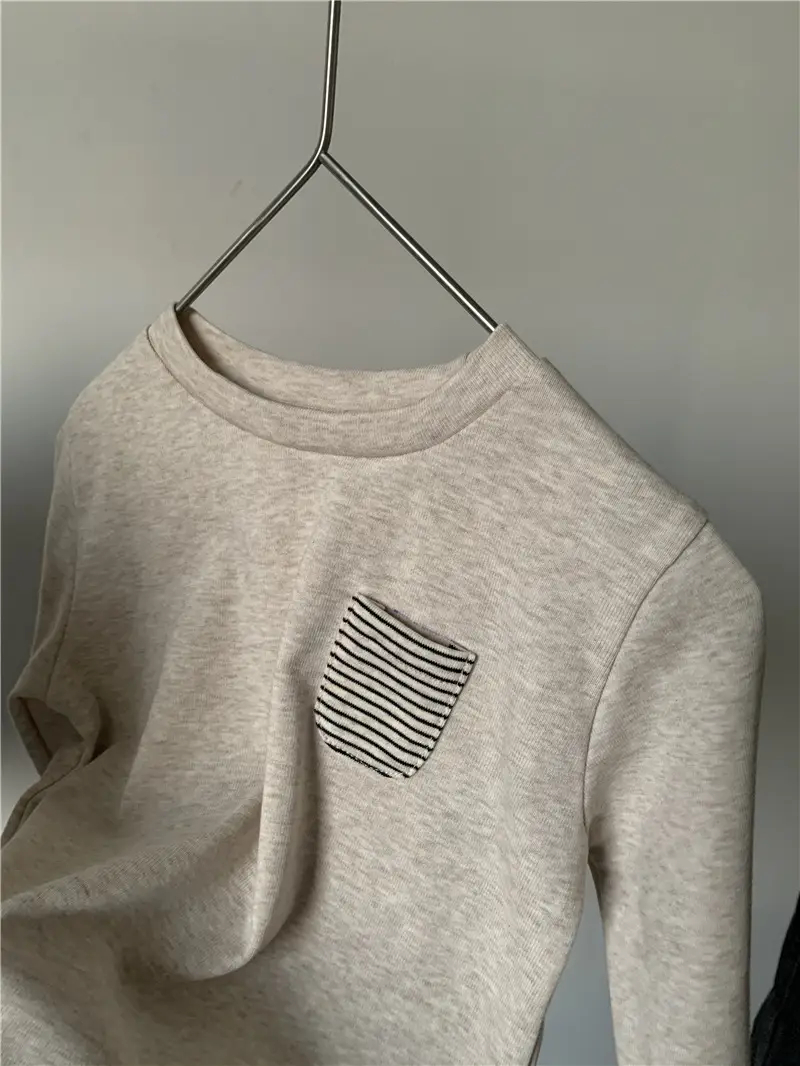 Kids Striped T-Shirt with Flap Pocket, Grey, Long Sleeve