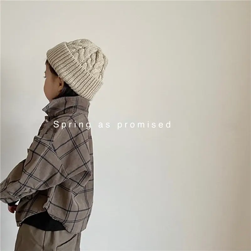 Kids Plaid Hooded Shirt Brown Long Sleeve