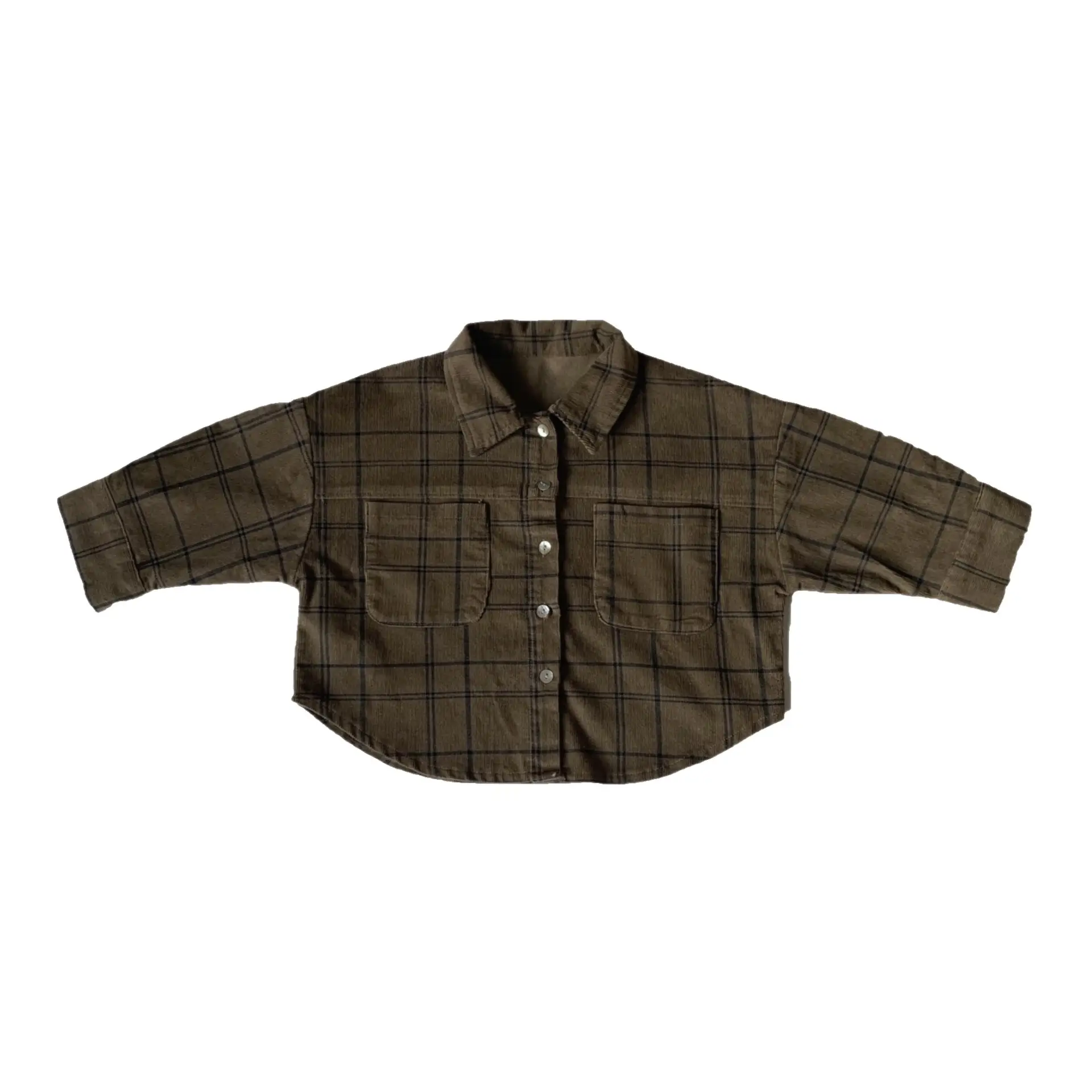 Kids Plaid Hooded Shirt Brown Long Sleeve